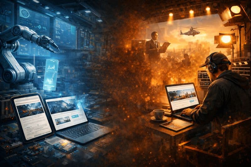 A collage of images, including a laptop, tablet, and smartphone, a piece of engineering equipment, a man wearing a hoodie and headphones, working on a laptop, with a cup of coffee, on a motion picture production set.