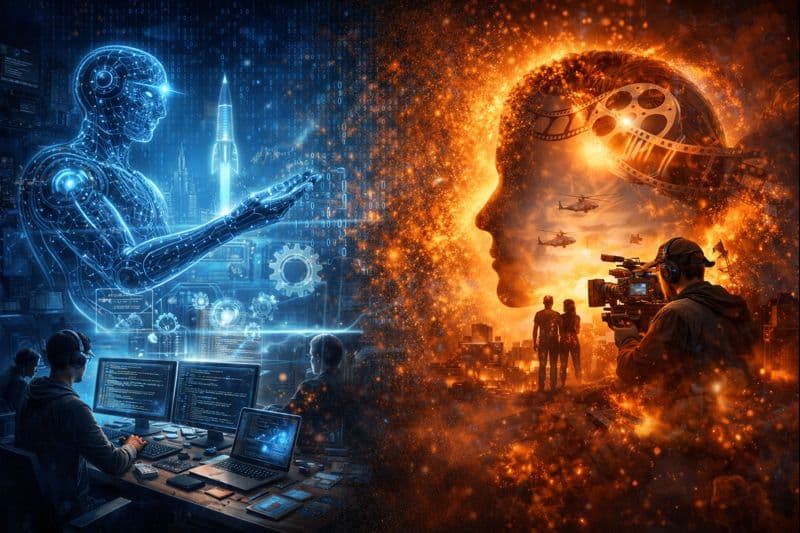 A collage of images including a humanoid robot in front of an image of a rocketship, a couple of men working at a computer with multiple monitors, a man wearing a hoodie behind a production video camera, and an image of a human head looking left superimposed with a role of film slightly unfurled.