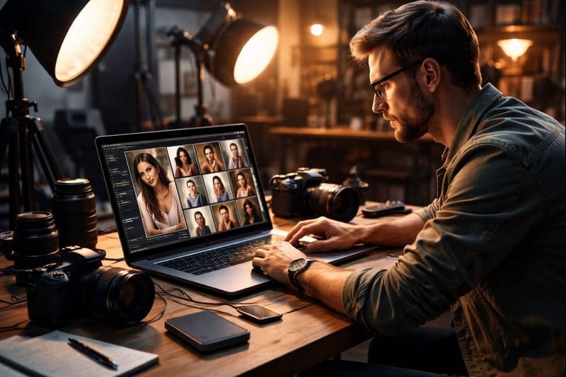 A man sitting at his laptop with photographs in a photo-editing software program
