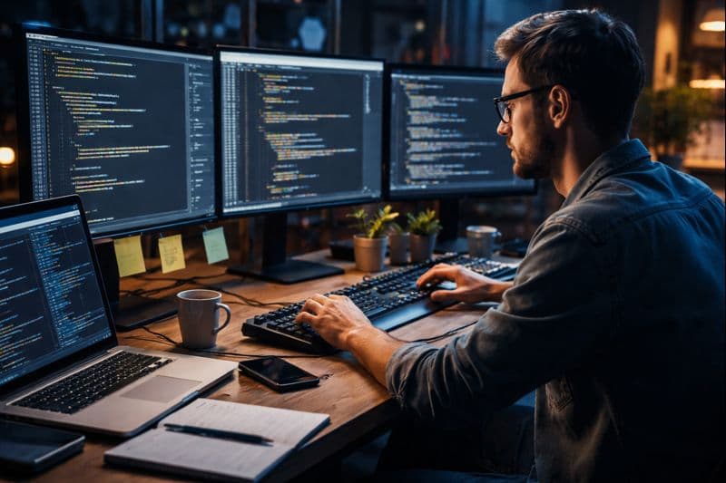 Software engineer working at a multi-monitor setup with code displayed on screens