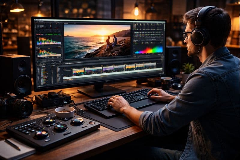 Video editor working at a large monitor setup with an editing software program running