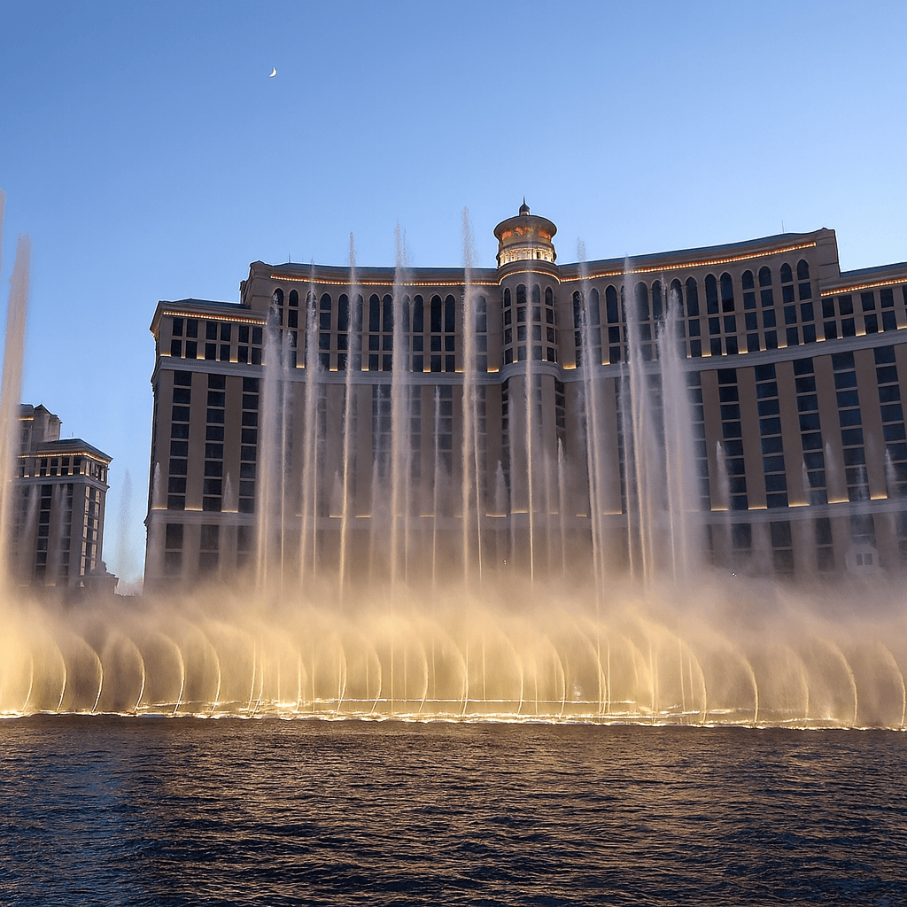 Annotated cinematic frame from a Bellagio fountain performance