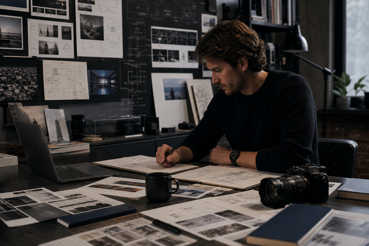 Editorial photograph of a multidisciplinary studio workspace combining camera tools, technical notes, and visual planning artifacts.