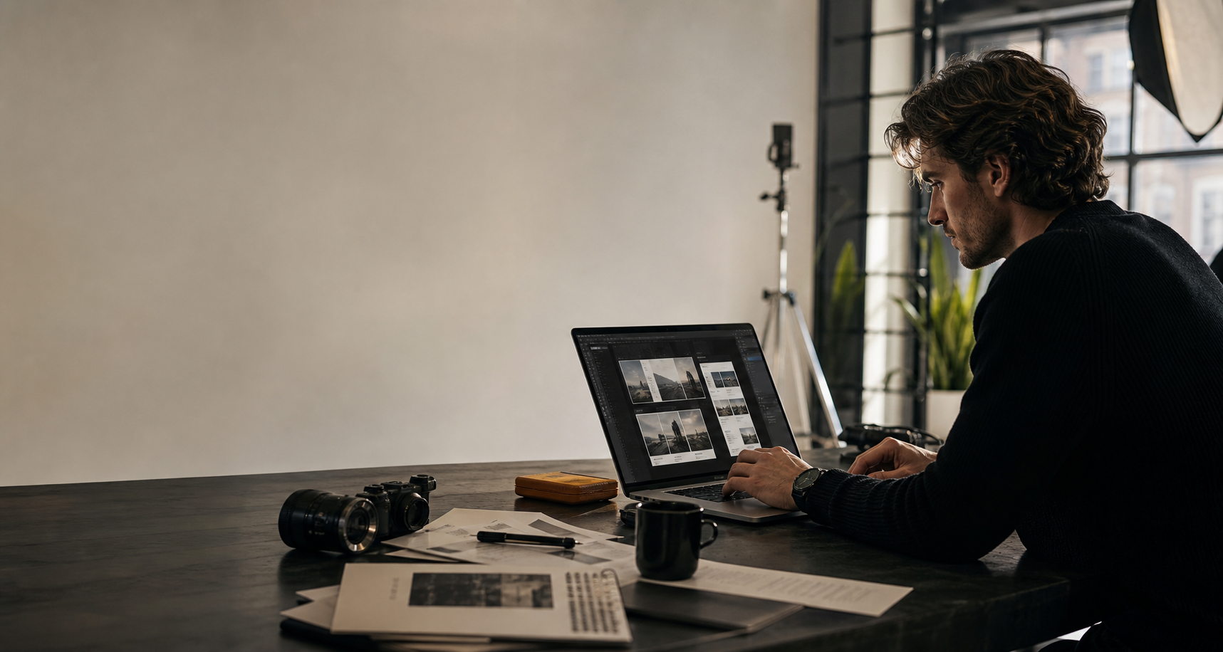 Editorial studio photograph showing a bold digital practice combining web structure, production tools, and authored professional presentation.